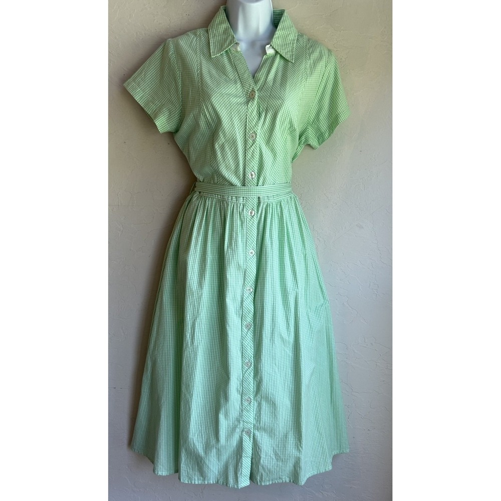 Vermont Country Store Green Gingham Midi Shirt Dress M Preppy Button Up Tie